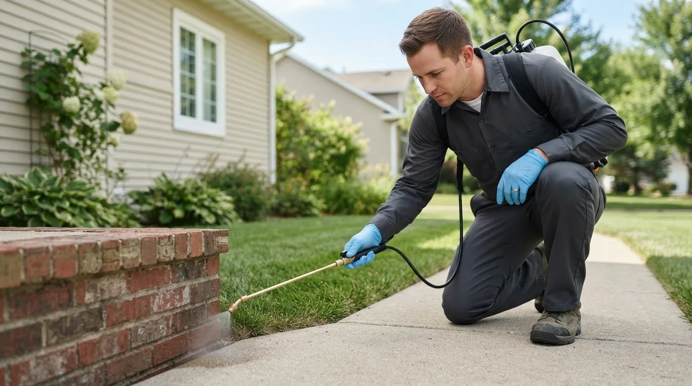 Pest control technician treating a home near Kismet, KS